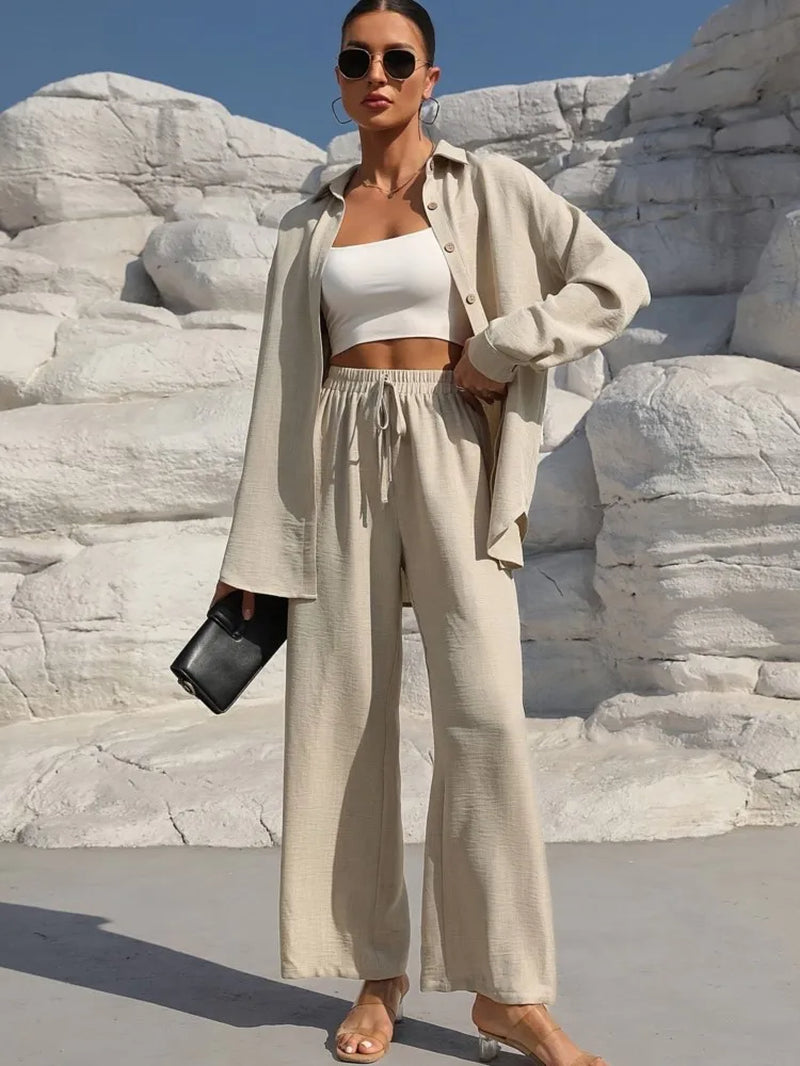 Fashion Office Women'S Trousers Suit New Spring Fall Two Piece Set Casual Solid Color Long-Sleeve Shirt and Pants Outfit Female
