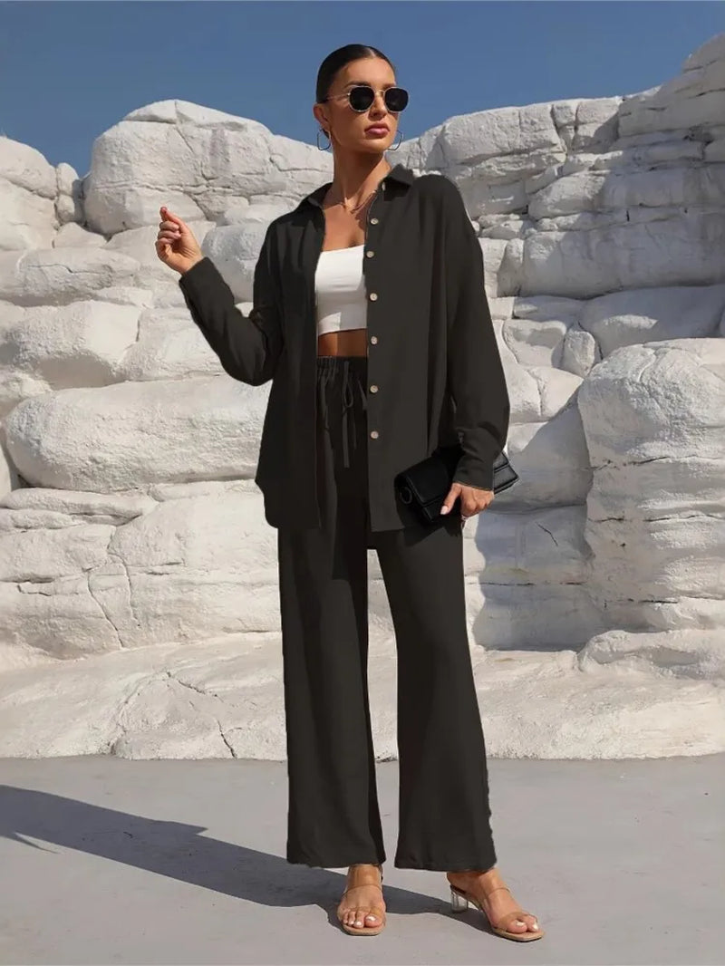 Fashion Office Women'S Trousers Suit New Spring Fall Two Piece Set Casual Solid Color Long-Sleeve Shirt and Pants Outfit Female