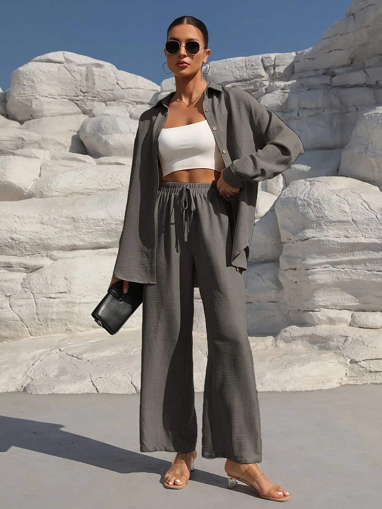 Fashion Office Women'S Trousers Suit New Spring Fall Two Piece Set Casual Solid Color Long-Sleeve Shirt and Pants Outfit Female