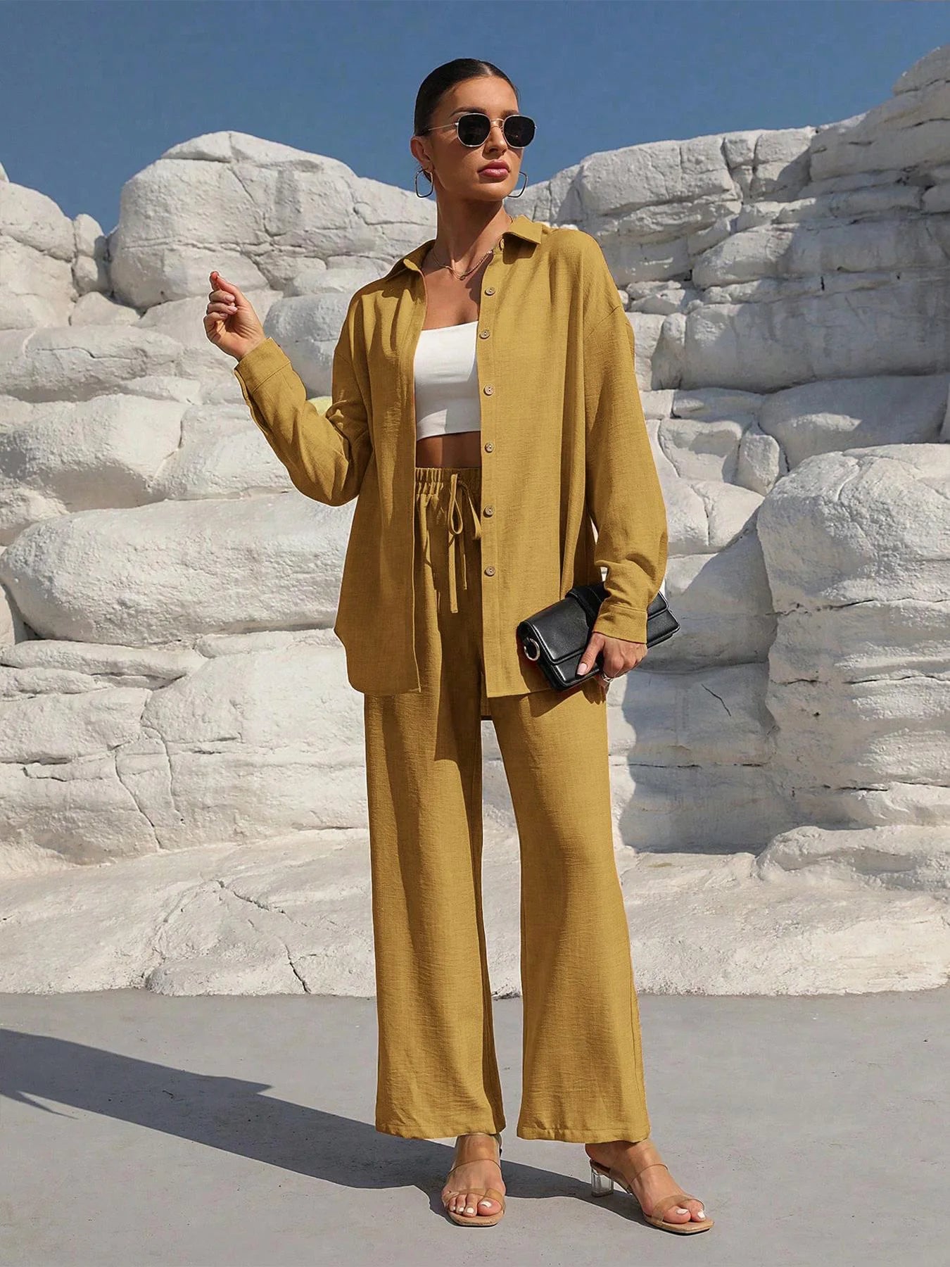 Fashion Office Women'S Trousers Suit New Spring Fall Two Piece Set Casual Solid Color Long-Sleeve Shirt and Pants Outfit Female