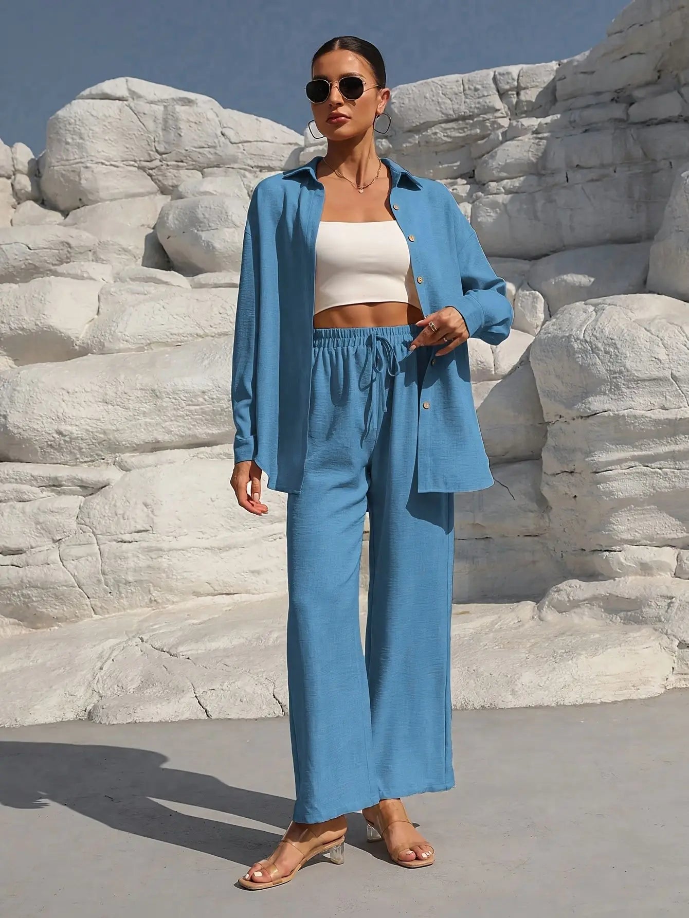 Fashion Office Women'S Trousers Suit New Spring Fall Two Piece Set Casual Solid Color Long-Sleeve Shirt and Pants Outfit Female