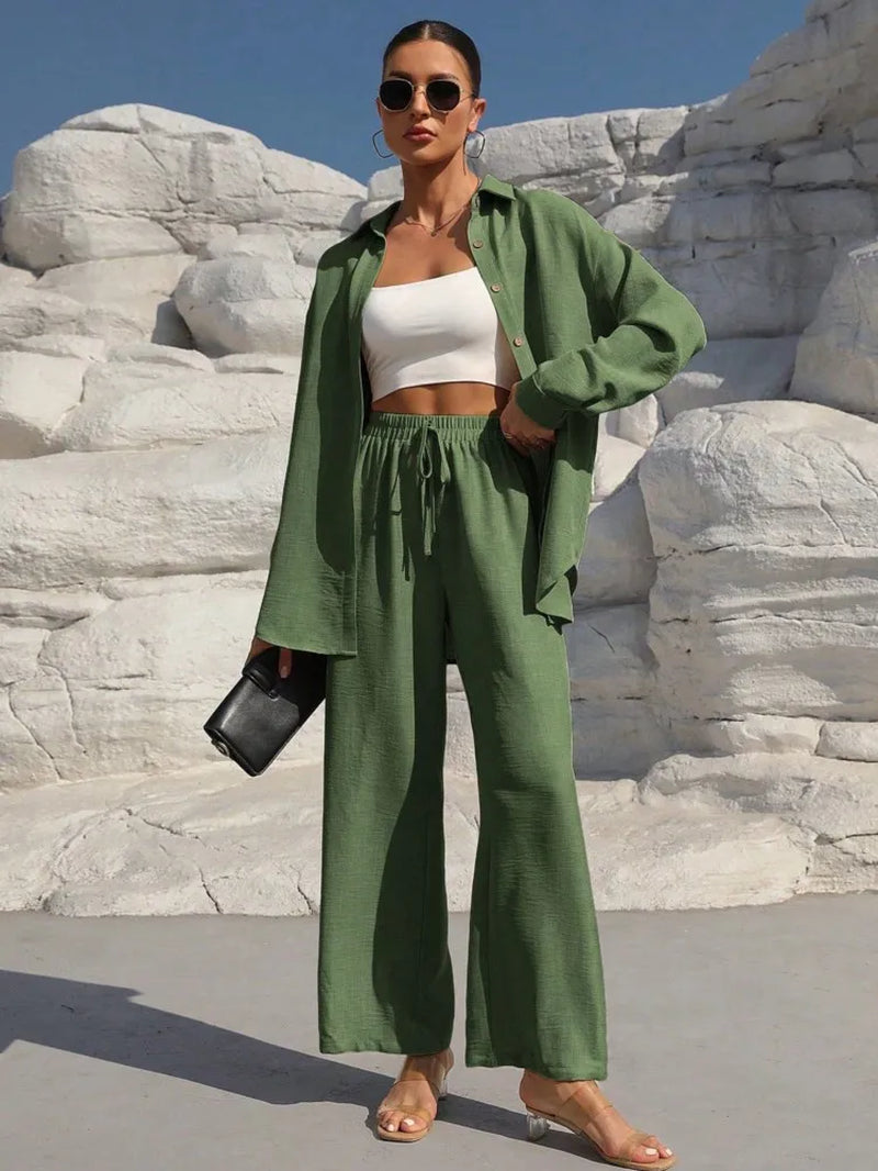 Fashion Office Women'S Trousers Suit New Spring Fall Two Piece Set Casual Solid Color Long-Sleeve Shirt and Pants Outfit Female